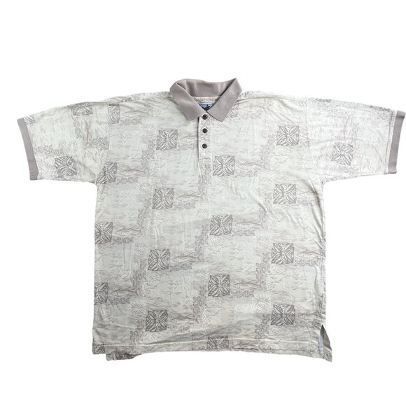 AFTCO Bluewater Polo Shirt Mens Large Beige Fish Print Short Sleeve 100% Cotton - Picture 1 of 11